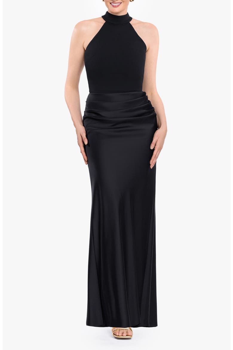 Sleeveless Mock Neck Satin Gown, Main, color, BLACK