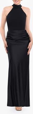 Betsy & Adam Sleeveless Mock Neck Satin Gown