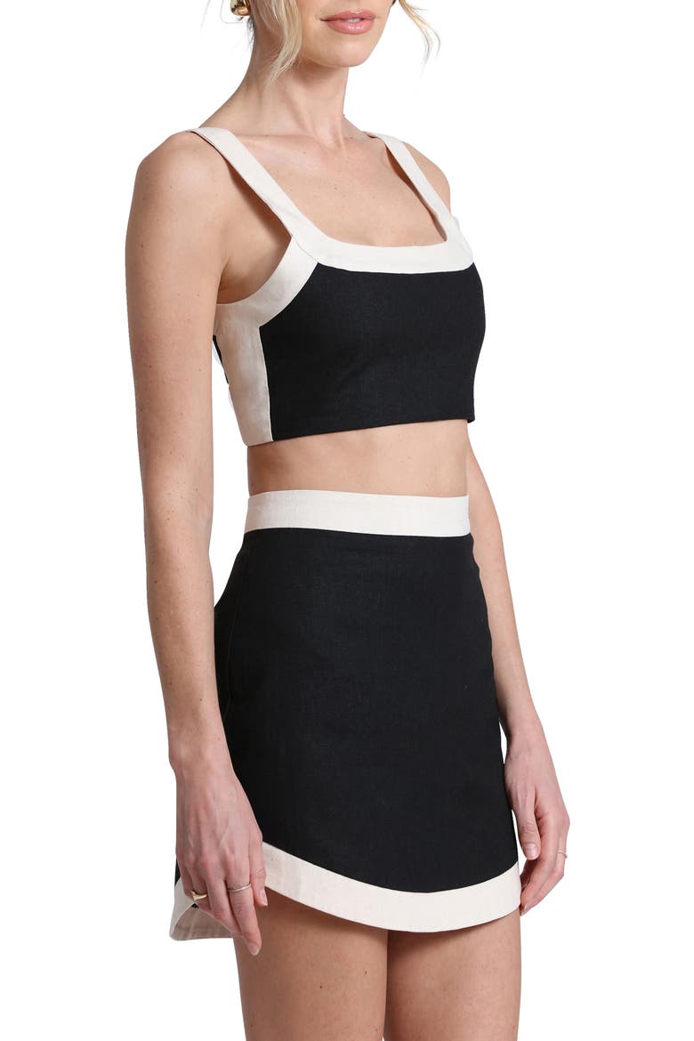 Colorblock Linen Blend Crop Top & Miniskirt Set, Alternate, color, BLACK-IVORY