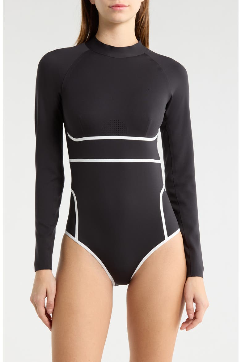 Mirage Fusion Long Sleeve UPF 50+ One-Piece Rashguard Swimsuit, Main, color, BLACK