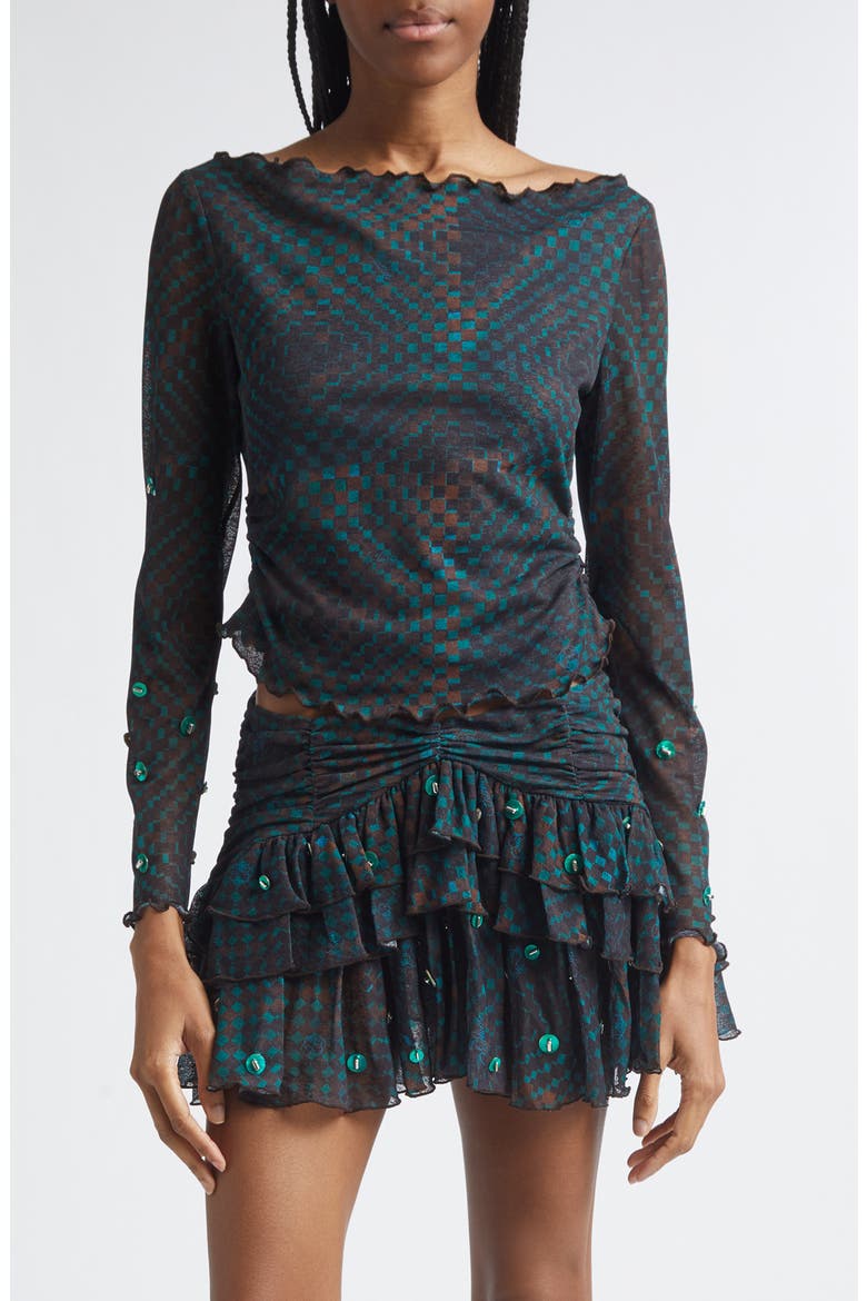 Elara Embellished Check Off the Shoulder Crop Top, Main, color, BLUE MULTI