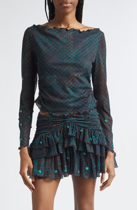 Elara Embellished Check Off the Shoulder Crop Top