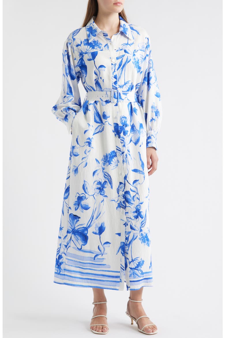 Floral Print Belted Long Sleeve Maxi Shirtdress, Main, color, WHITE/ BLUE PRINT
