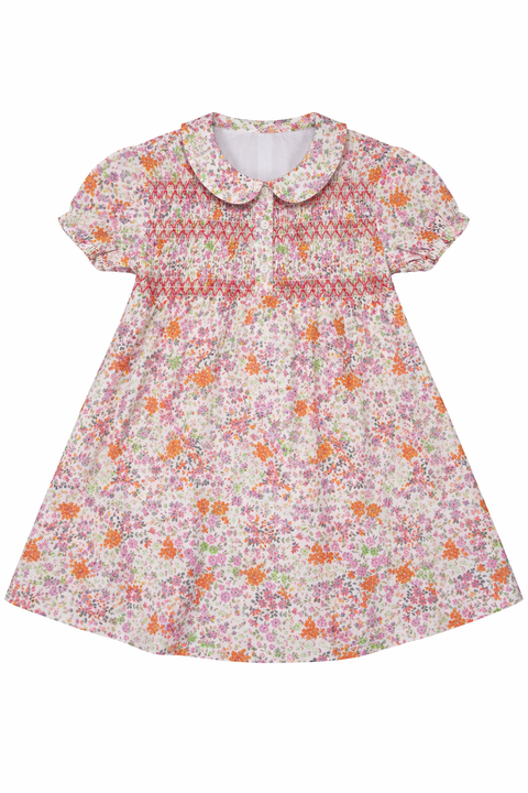 Multi Flower Print Girls Dress with Front Smocking