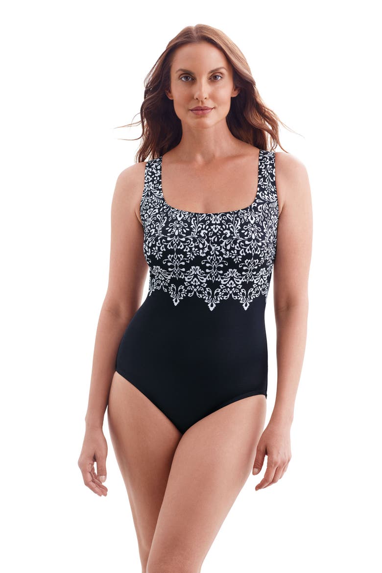 Double X-Back Tank Long Torso One-Piece Swimsuit, Main, color, Garland Edge