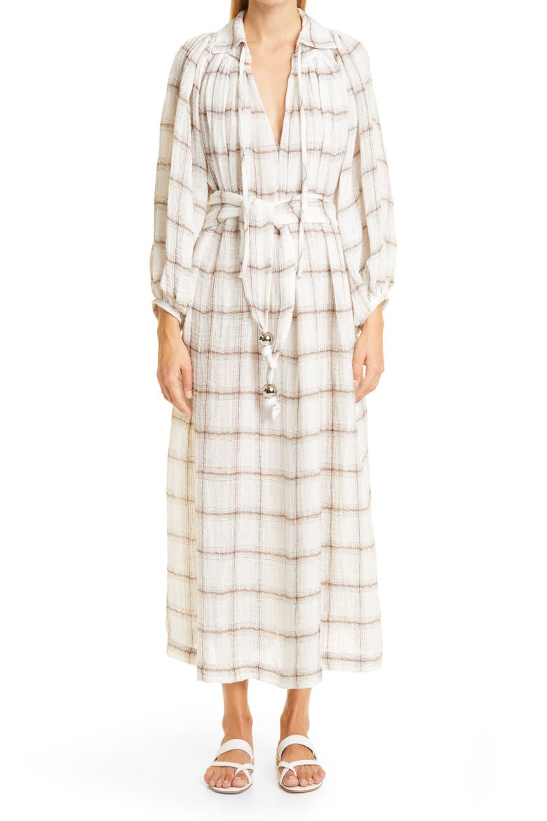 Poet Plaid Long Sleeve Linen Blend Maxi Dress, Main, color, WWG WHITE WINDOWPANE GAUZE