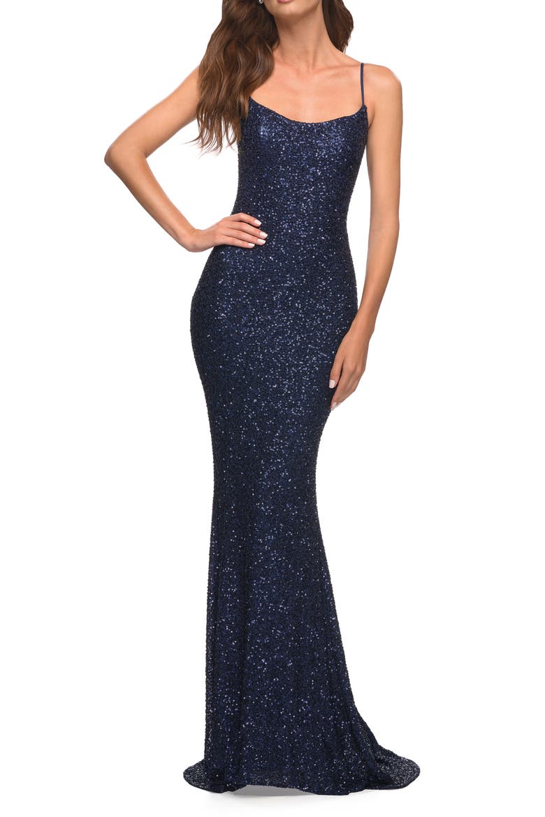 Sequin Trumpet Gown, Main, color, NAVY