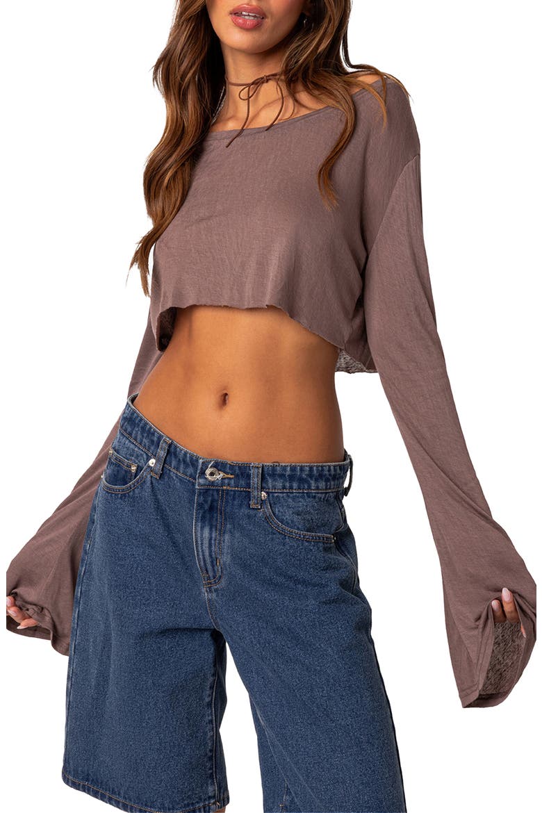Sheer Raw Hem Crop Top, Alternate, color, BROWN