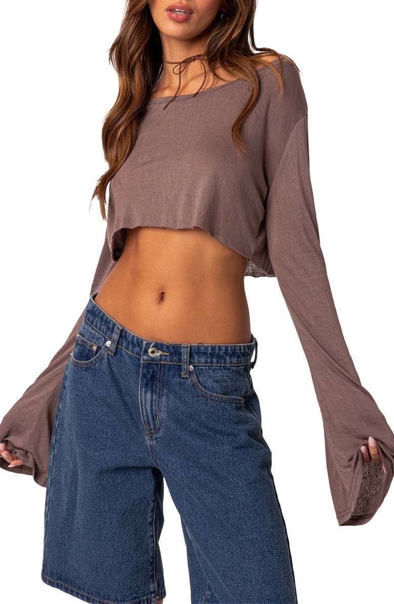 EDIKTED Sheer Raw Hem Crop Top, Alternate, color, Brown