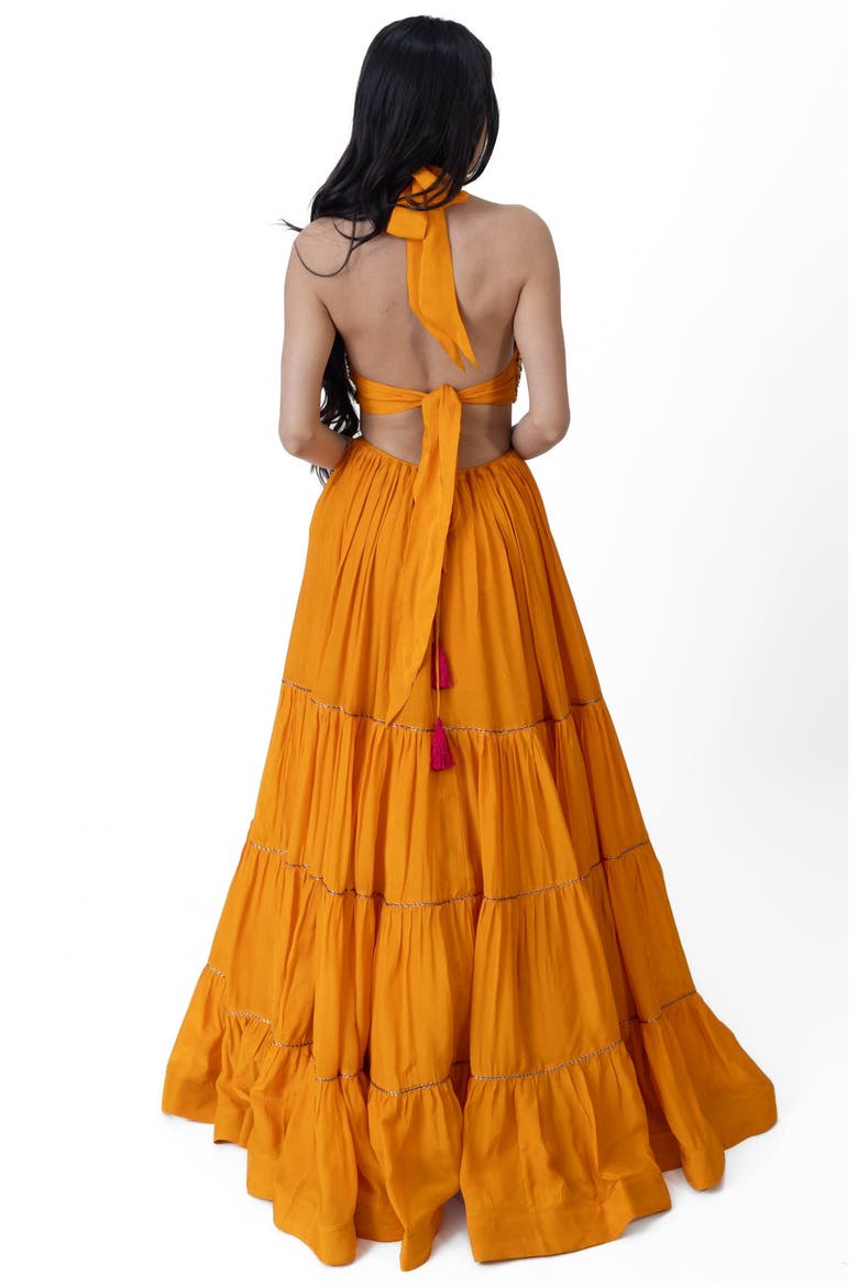 Neale Embroidered Tiered Halter Gown, Alternate, color, Yellow