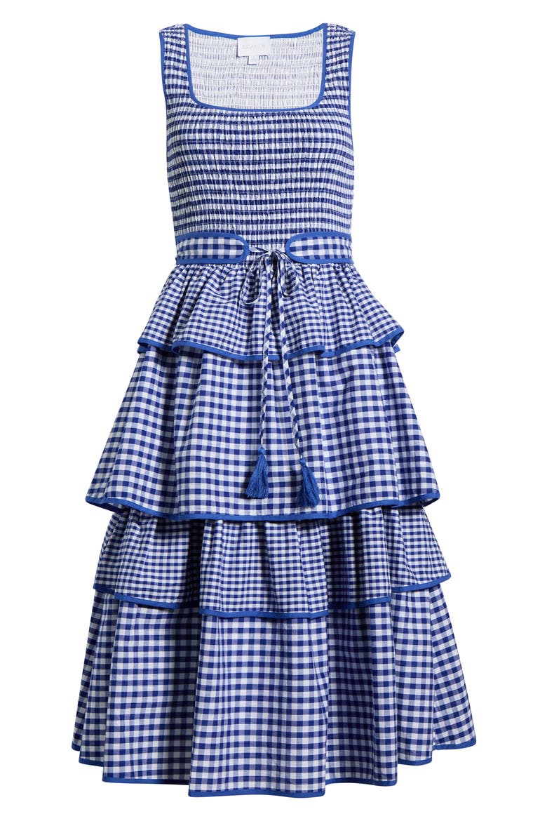 Vanna Gingham Tiered Midi Dress, Alternate, color, BLUE WHITE