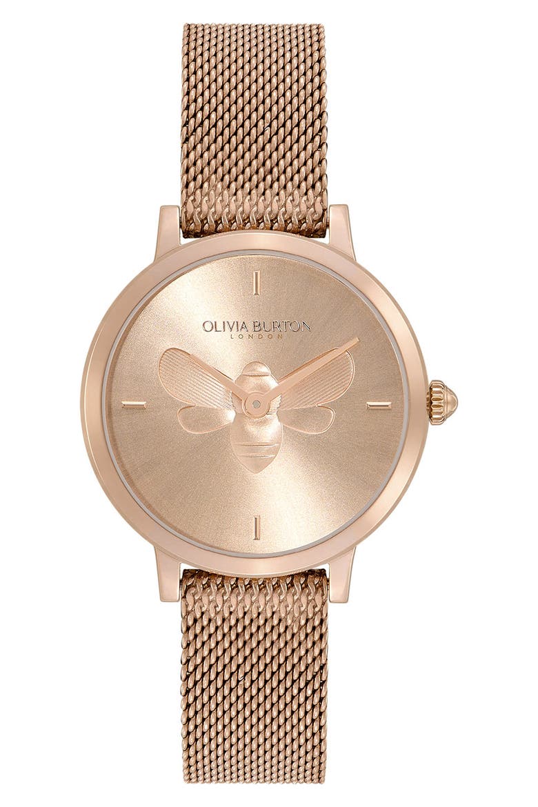 Signature Bees Mesh Strap Watch, 28mm, Main, color, CARNATION GOLD
