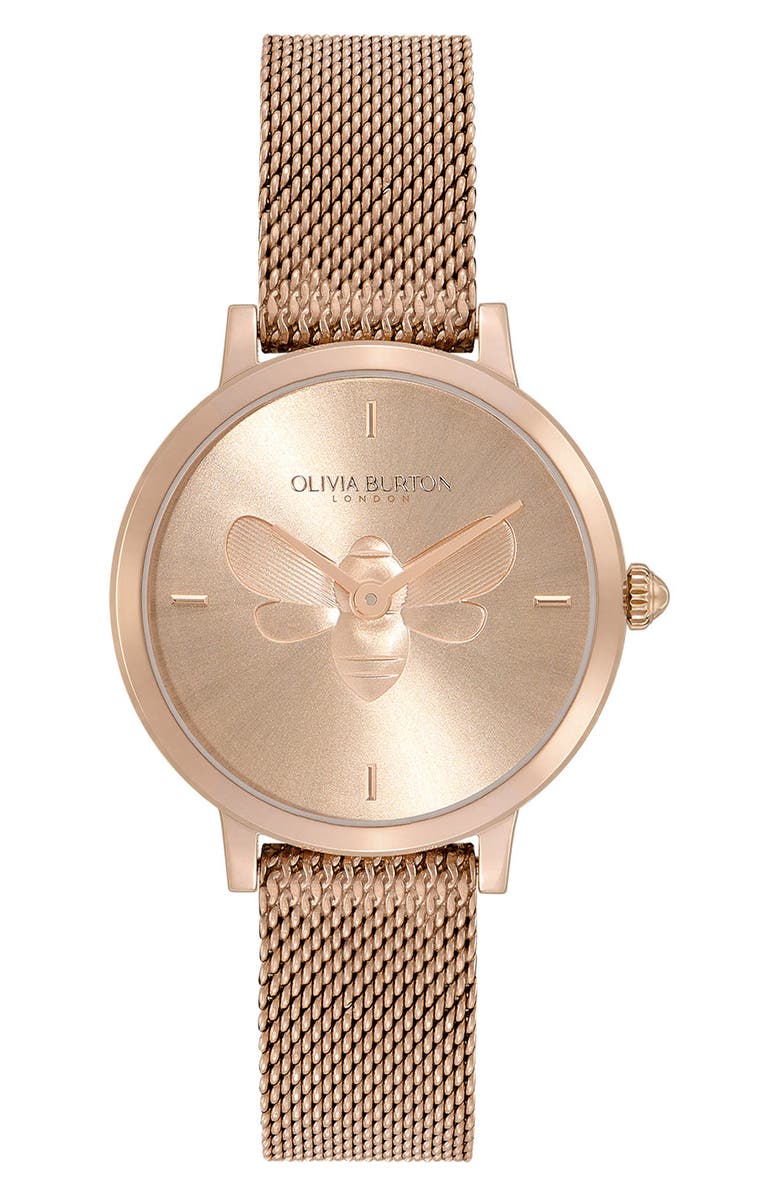 Olivia Burton Signature Bees Mesh Strap Watch, 28mm, Main, color, Gold