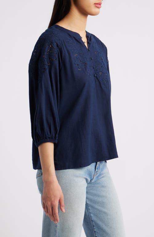 Caslonr Caslon(r) Embroidered Cutwork Split Neck Linen Blend Popover Top In Navy Blazer