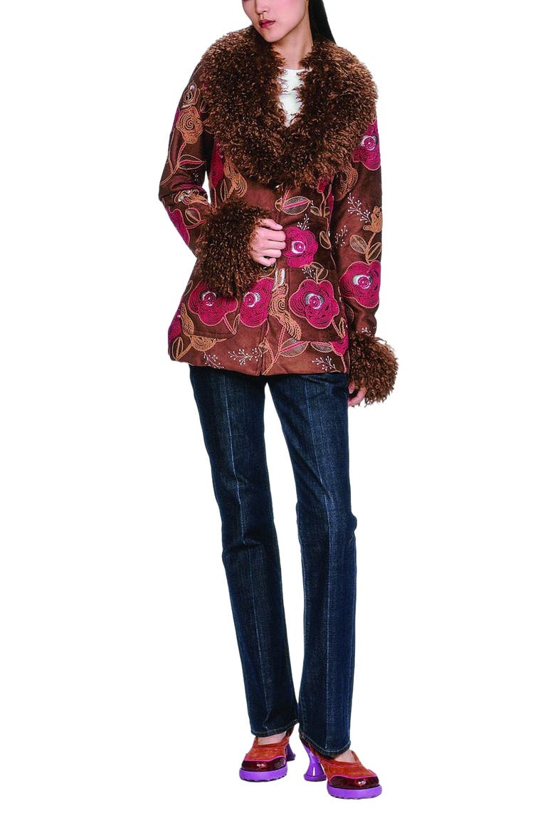 Poiret Rose Embroidered Faux Suede Faux Fur Trim Jacket, Alternate, color, Caramel Multi
