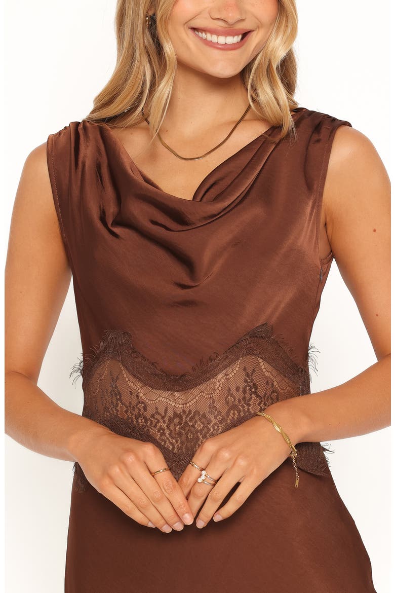 Belmont Lace Trim Satin Midi Dress, Alternate, color, BROWN