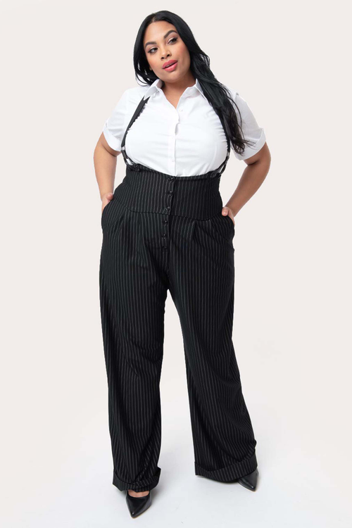 Unique Vintage Plus Size Wide Leg Rochelle Suspender Pants In Black