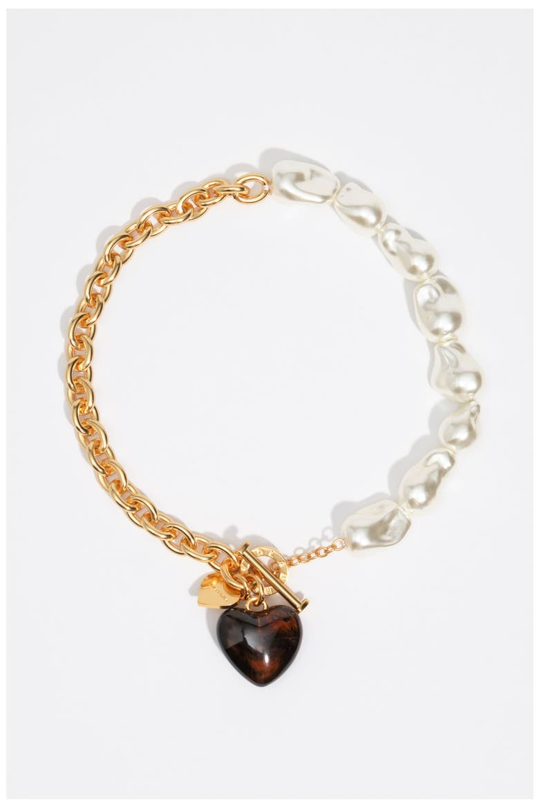 Chain Necklace with Pearl and Resin Heart, Main, color, BROWN