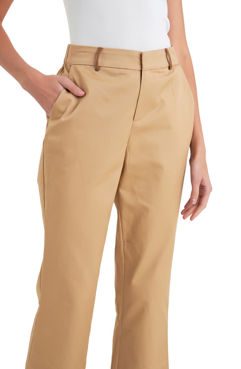 English Factory Faux Leather Trim Crop Flare Twill Pants, Alternate, color, Tan