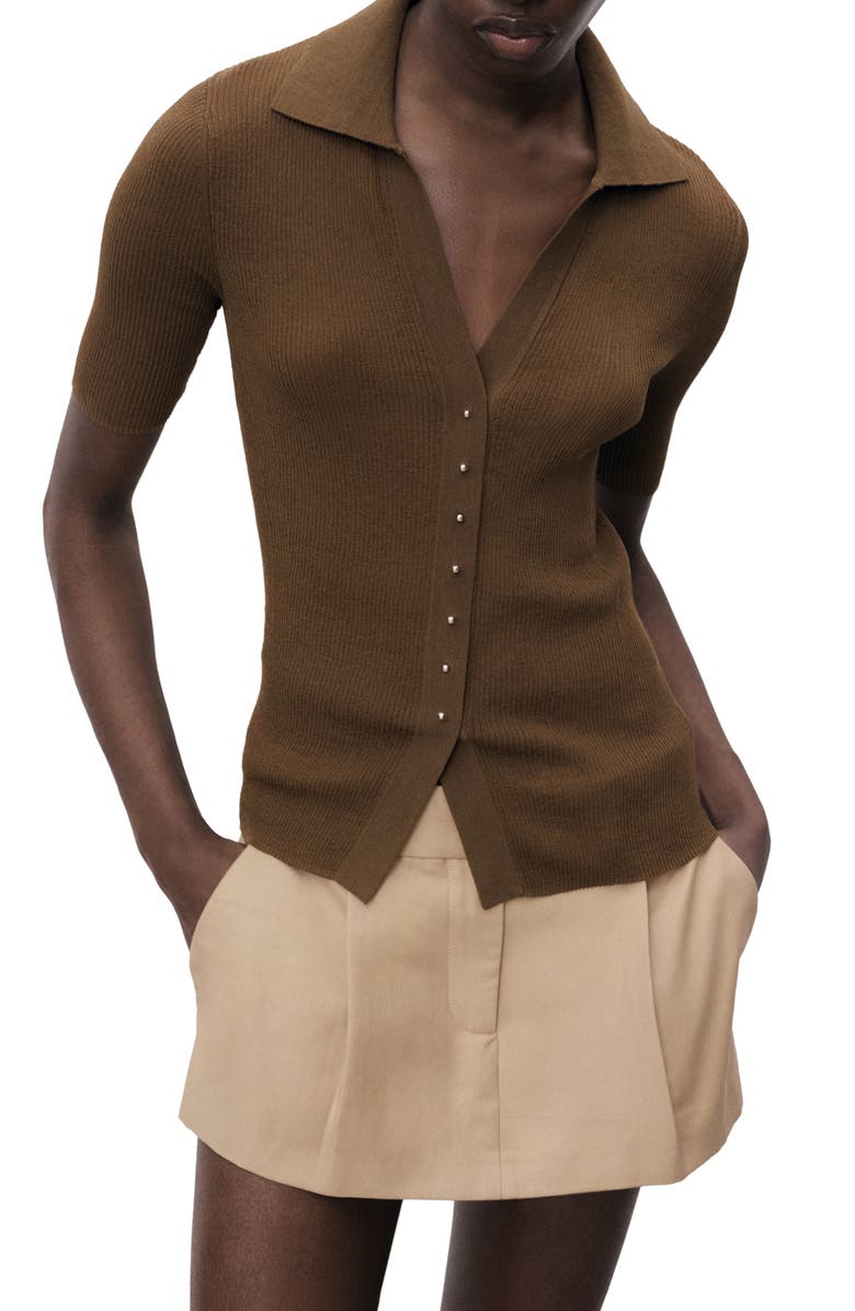 MANGO Fine Knit Sweater with Shirt Collar, Main, color, Chocolate