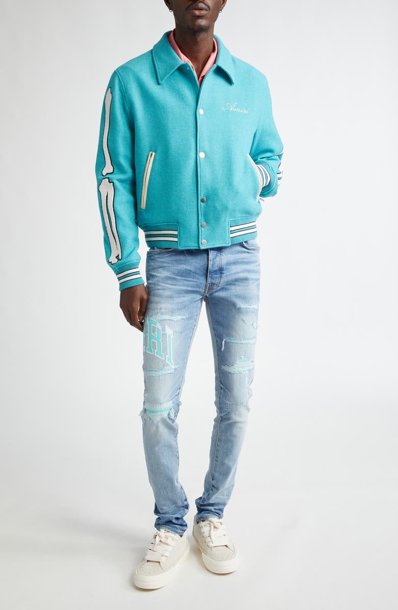 AMIRI Bones Wool Blend Varsity Jacket, Alternate, color, Sea Blue