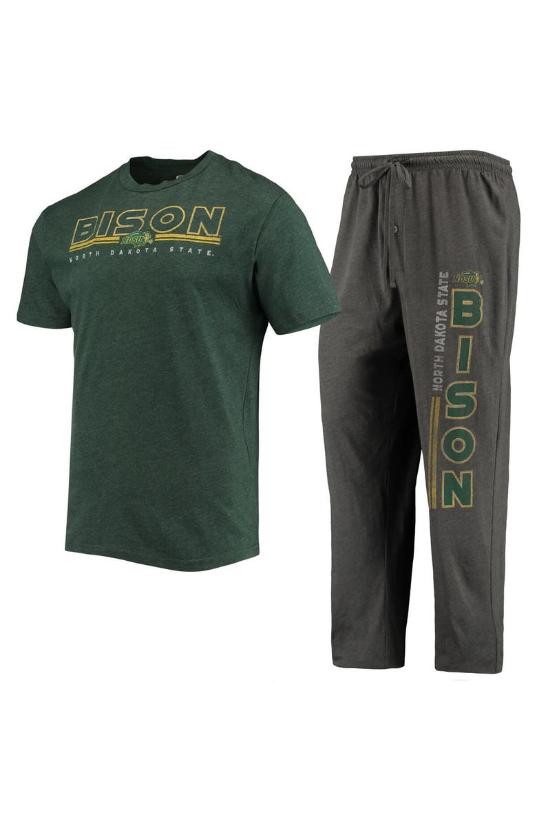 CONCEPTS SPORT Men's Concepts Sport Heathered Charcoal/Green NDSU Bison Meter T-Shirt & Pants Sleep Set, Main, color, Heather Charcoal