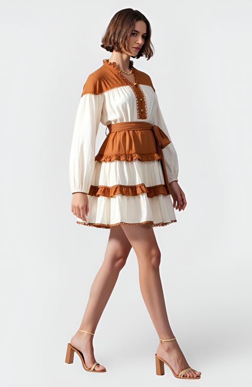 Modenaire Contrast Trim Mini Dress With Waist Tie And Tiered Skirt In Multi