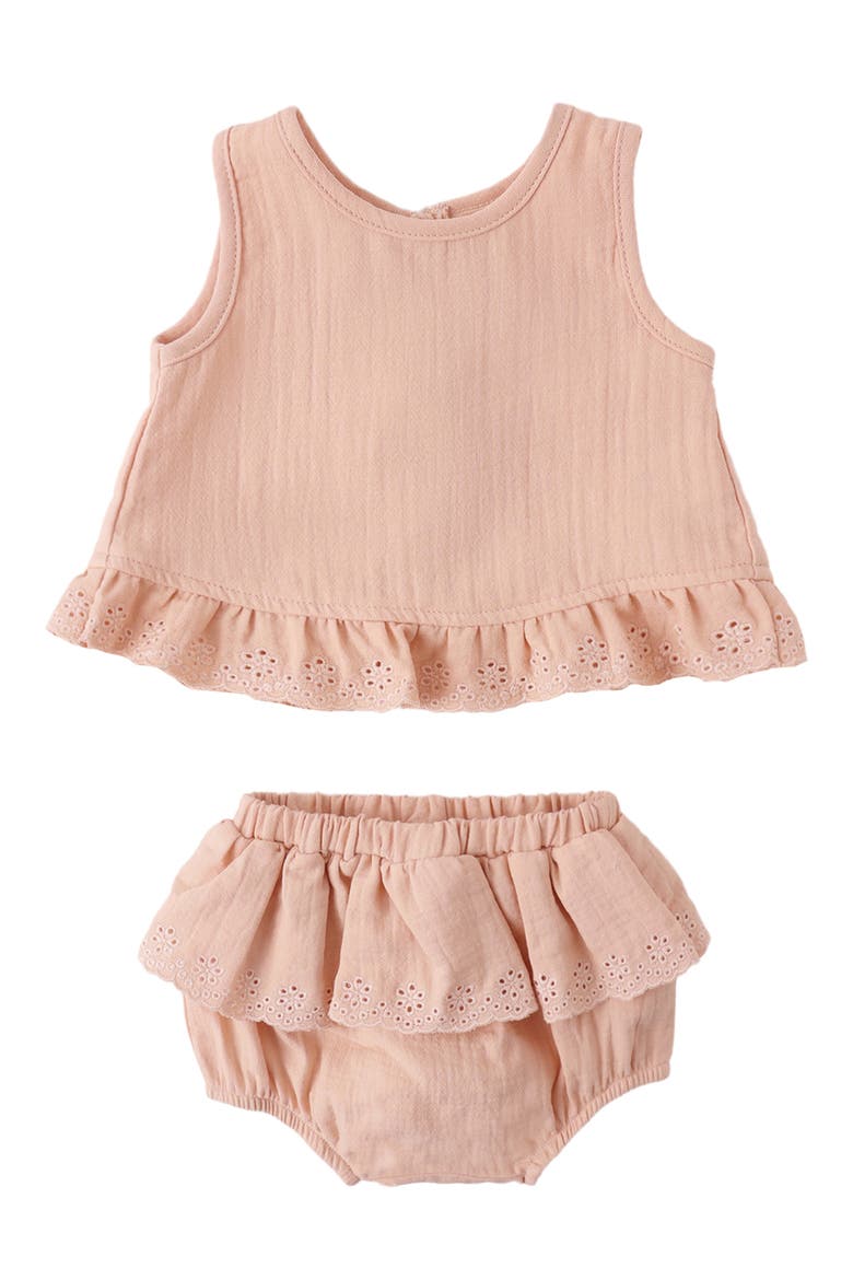 Embroidered Ruffle Trim Tulip Top & Bloomers Set, Alternate, color, MELON
