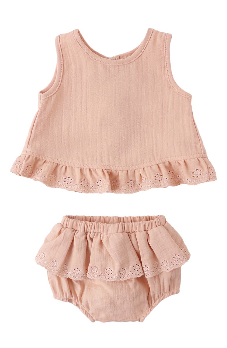 QUINCY MAE Embroidered Ruffle Trim Tulip Top & Bloomers Set, Alternate, color, Melon