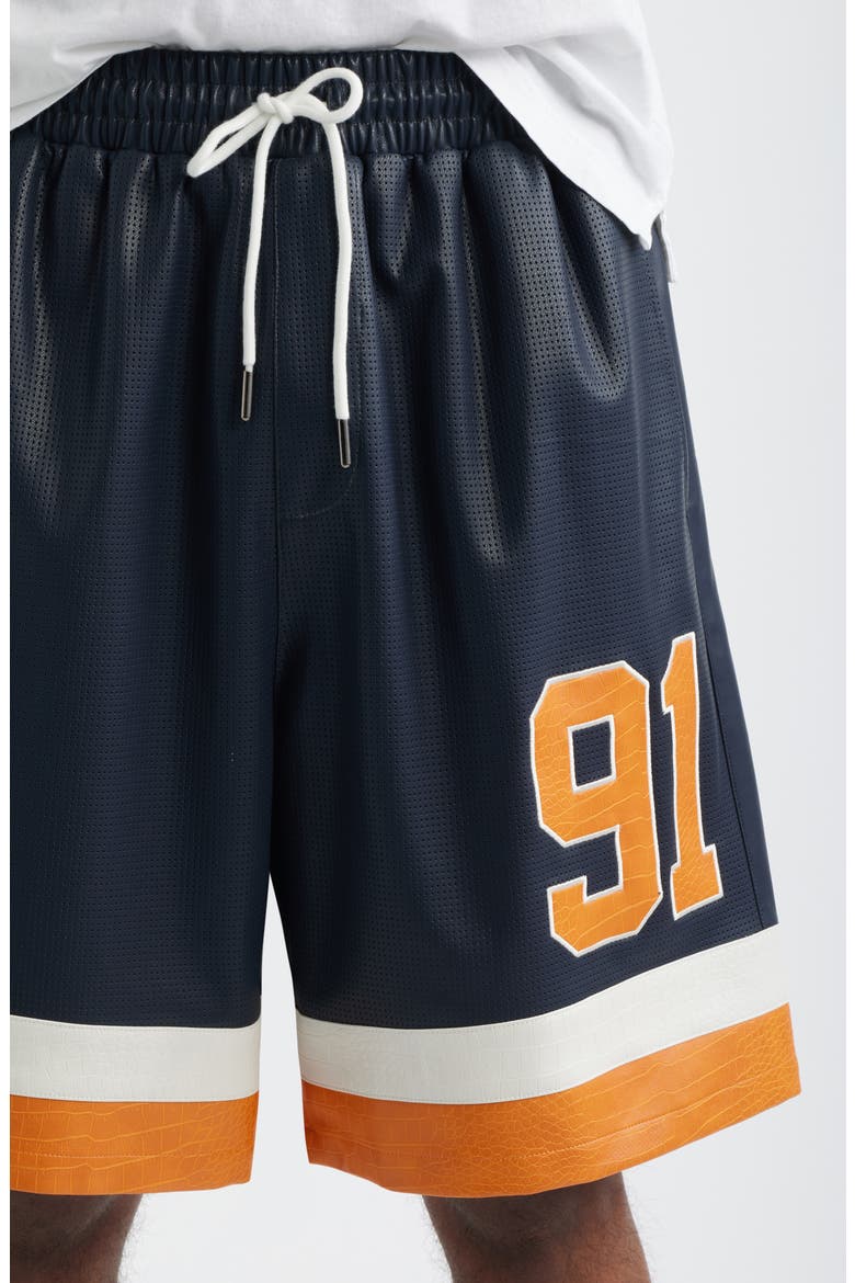 Stadium Perforated Faux Leather Shorts, Alternate, color, NAVY/ ORANGE/ ECRU