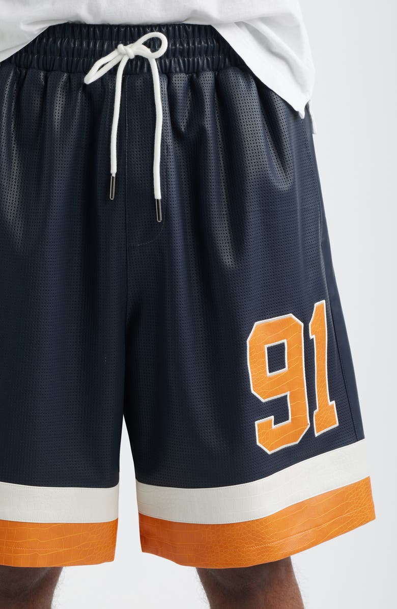 CRIMINAL DAMAGE Stadium Perforated Faux Leather Shorts, Alternate, color, Navy/ Orange/ Ecru