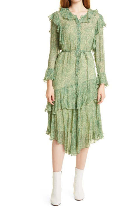 Floral Ruffle Long Sleeve Silk Chiffon Shirtdress
