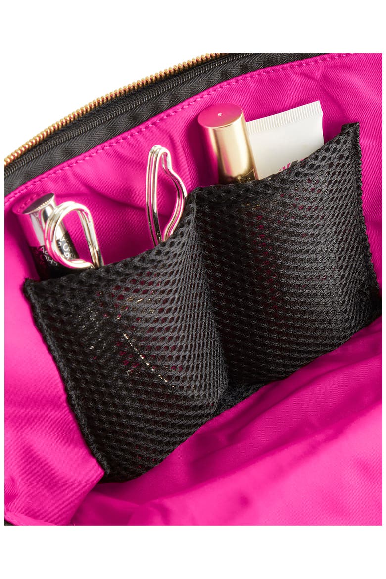 Signature Leather Makeup Bag, Alternate, color, BLACK LEATHER/ PINK