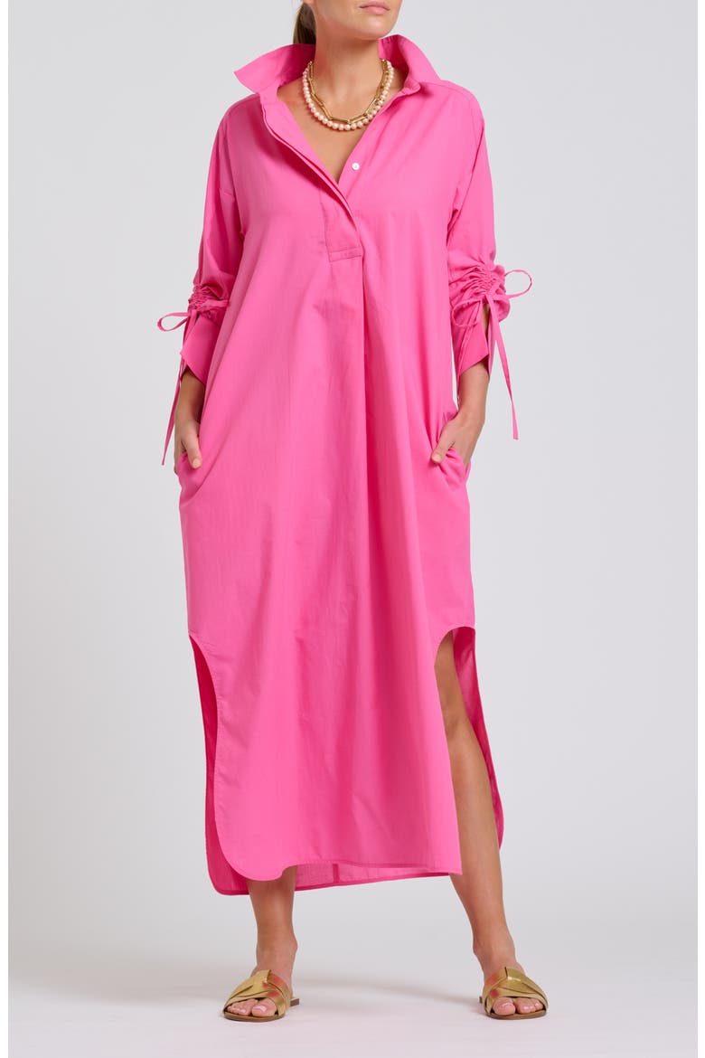 Gathered Long Sleeve Cotton Maxi Dress, Main, color, HOT PINK