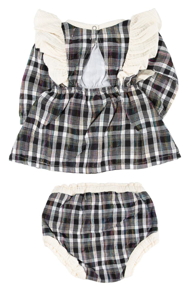 Miki Miette Plaid Ruffle Accent Long Sleeve Cotton Dress & Bloomers, Alternate, color, Symphony