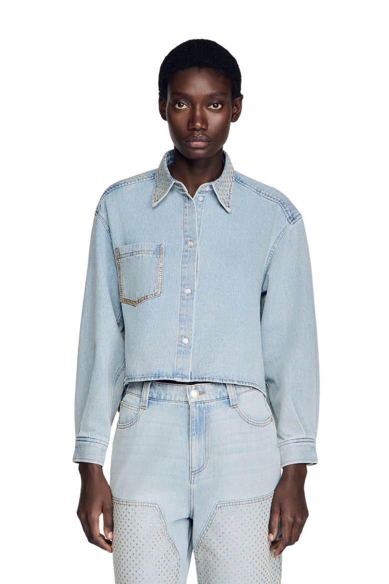 Rhinestone cropped denim shirt, Main, color, Light bu jean