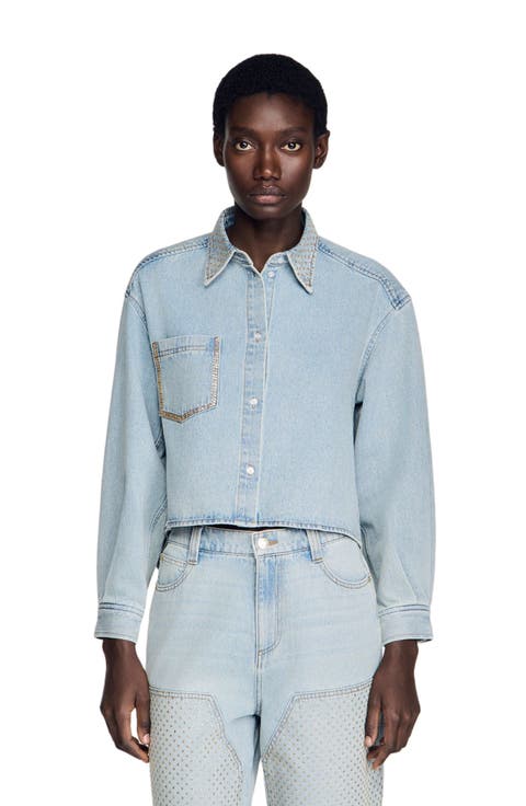 Rhinestone cropped denim shirt