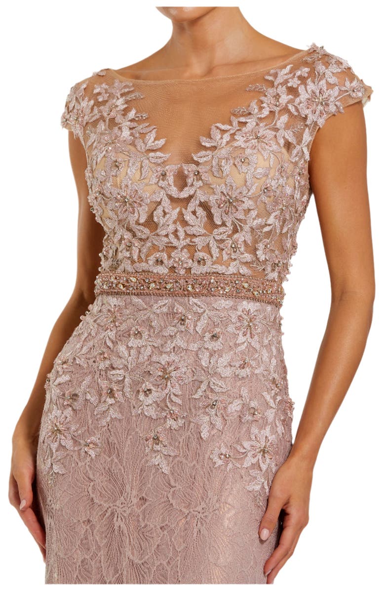 Mac Duggal High Neck Shoulder FLower Detail Mermaid Gown, Alternate, color, Mocha