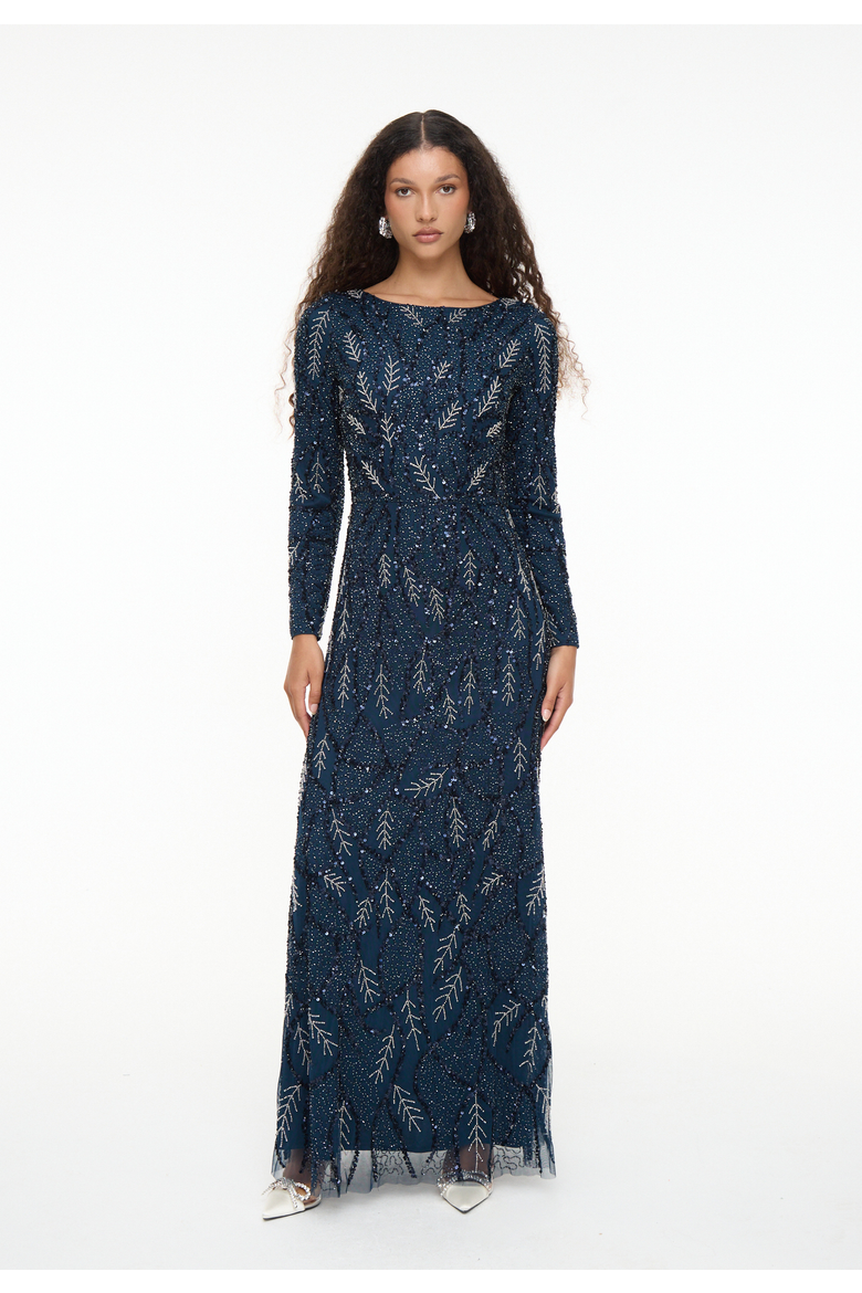 Modest Embellished Sequin Beaded Dress Maxi With Detailed Work, Main, color, NAVY