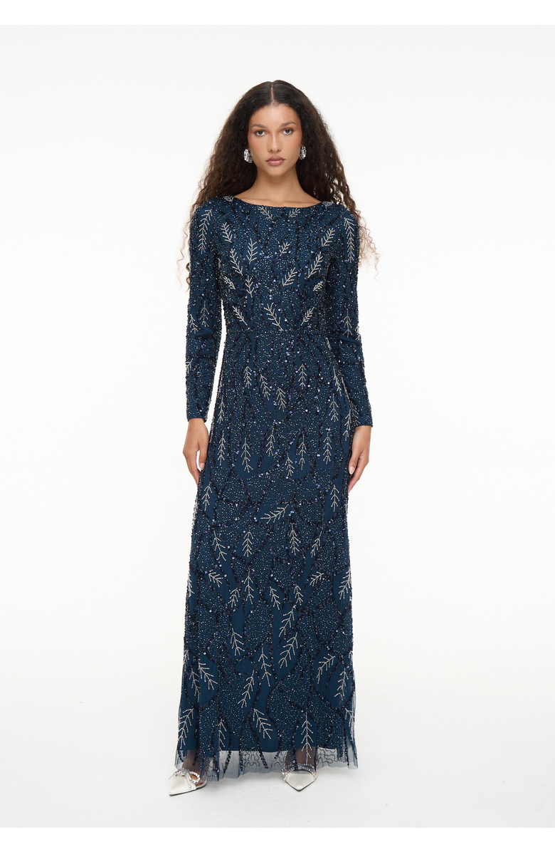 MARYISA Modest Embellished Sequin Beaded Dress Maxi With Detailed Work, Main, color, Navy