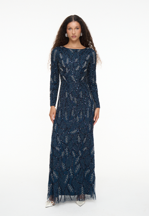 Modest Embellished Sequin Beaded Dress Maxi With Detailed Work