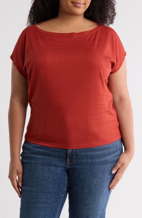 Embroidered Boat Neck Cap Sleeve T-Shirt (Plus)