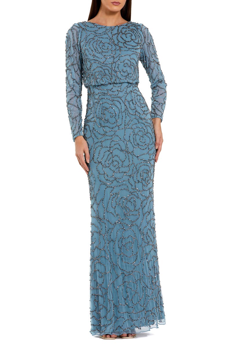 Mac Duggal Beaded Mesh Long Sleeve Blouson Top Gown, Main, color, Smoky Blue
