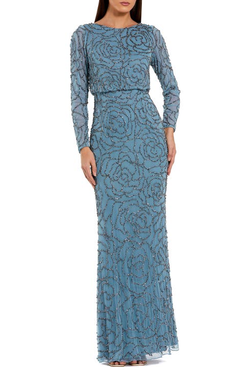 Beaded Mesh Long Sleeve Blouson Top Gown