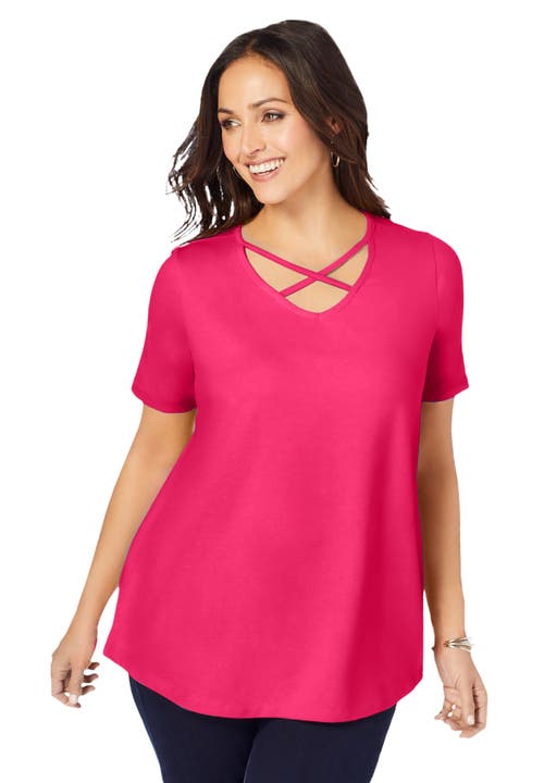 Jessica London Stretch Cotton Crisscross Strap Tee In Pink