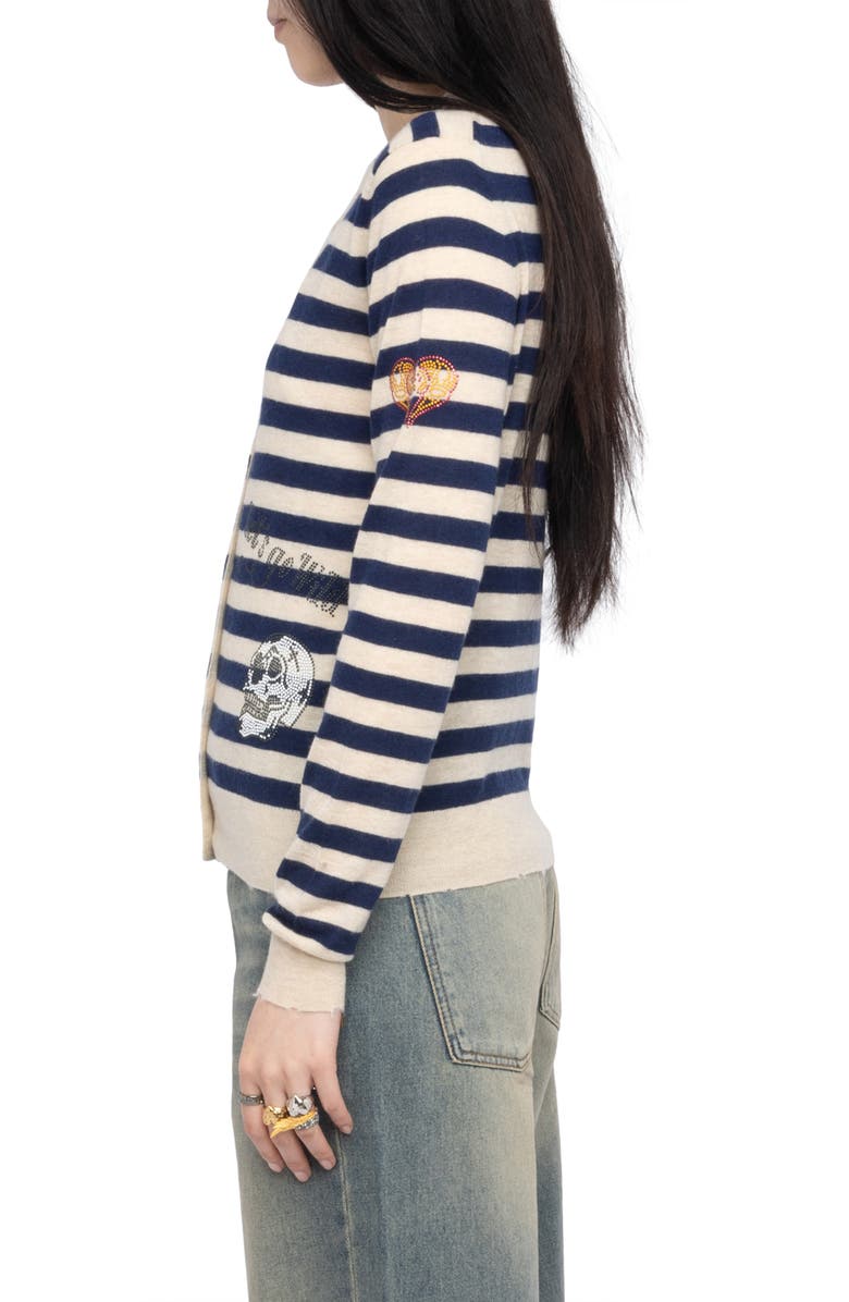 Zadig & Voltaire Missya Embellished Stripe Cashmere Cardigan, Alternate, color, Marine