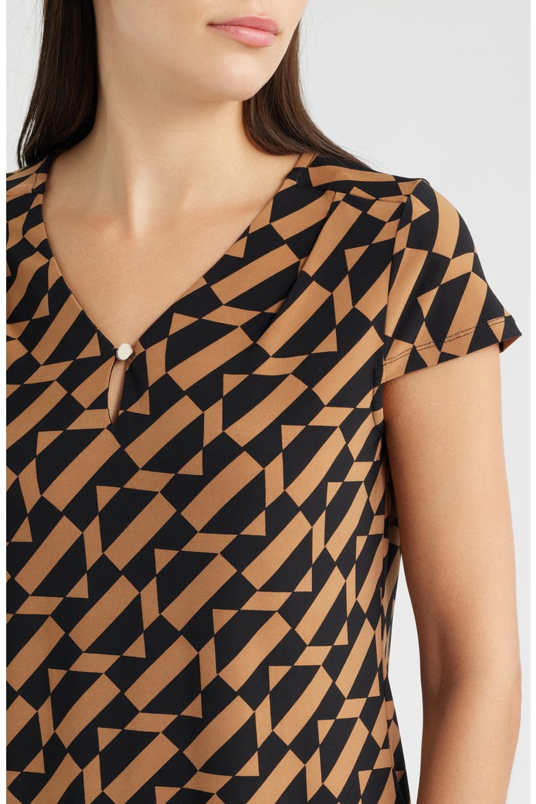 Geometric Cap Sleeve Pleat Neck Top, Alternate, color, ANNE BLACK/ VICUNA
