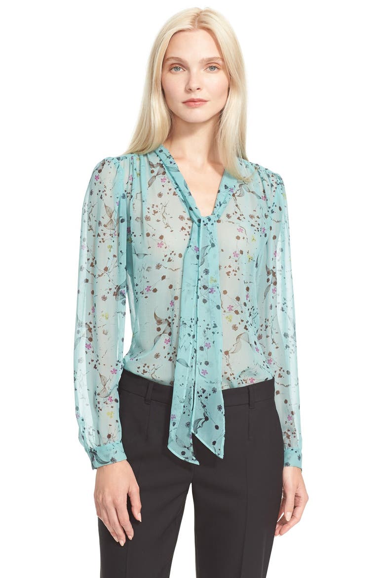 Floral Print Tie Neck Top, Main, color, MINT COMBO
