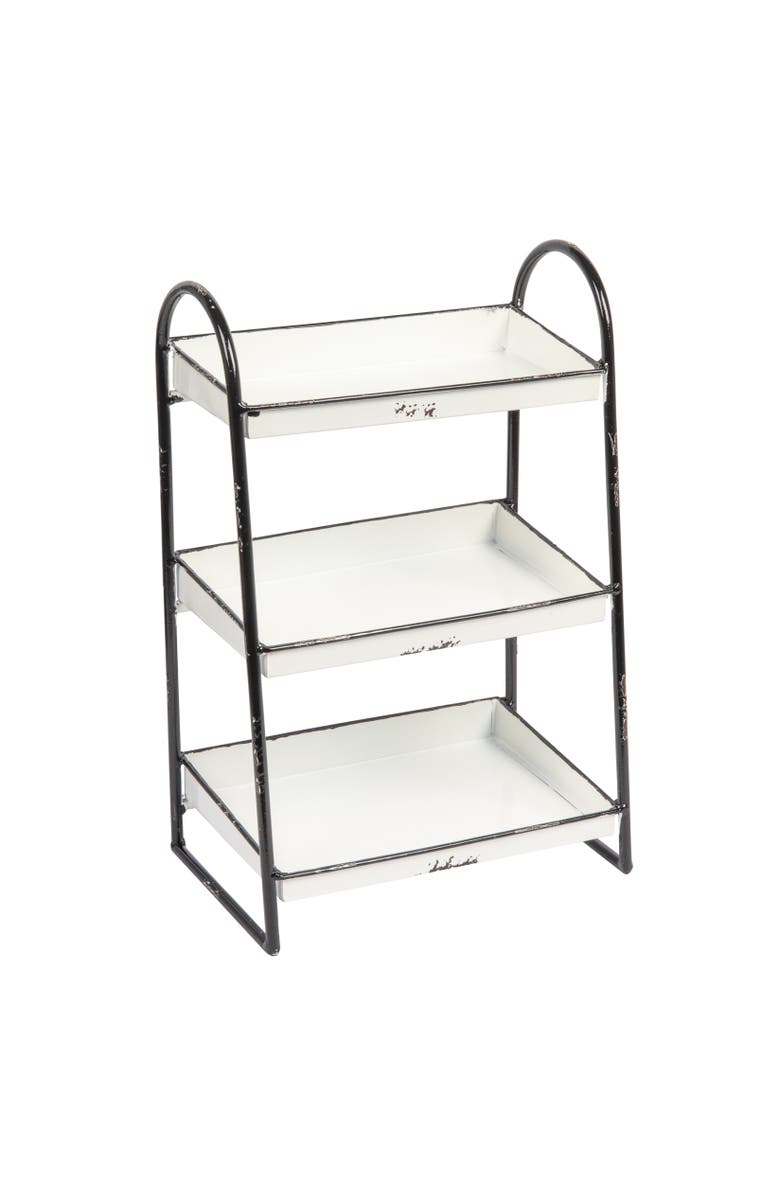 Storied Home Heavily Distressed White 3-Tier Metal Tray with Black Frame 
Rim, Main, color, White