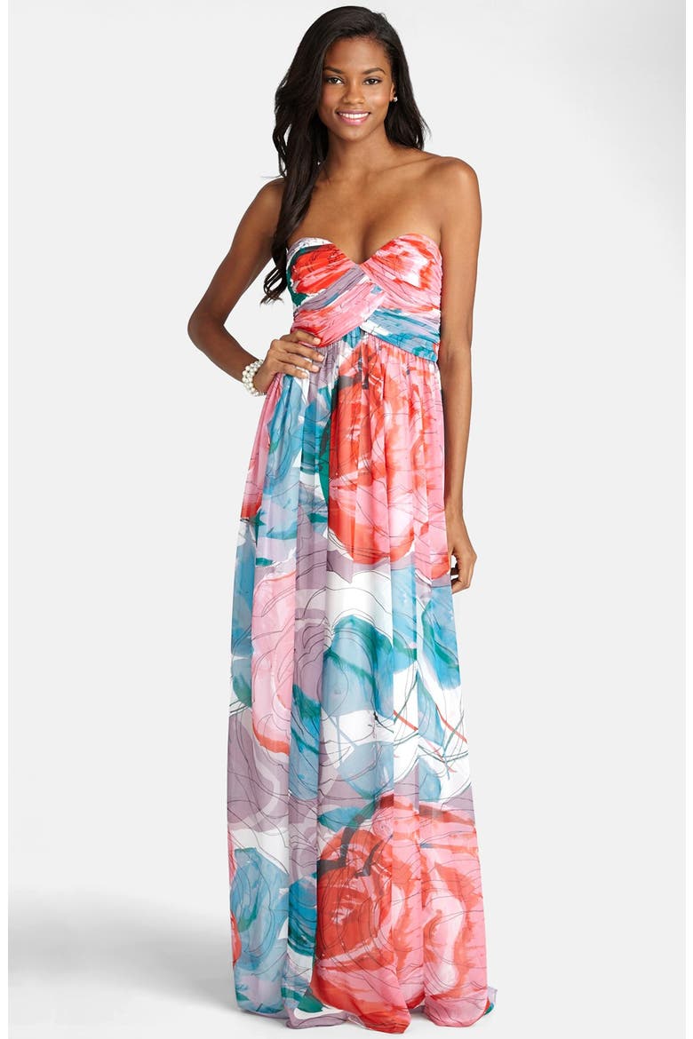 'Laura' Print Strapless Sweetheart Chiffon Gown, Main, color, TAFFY